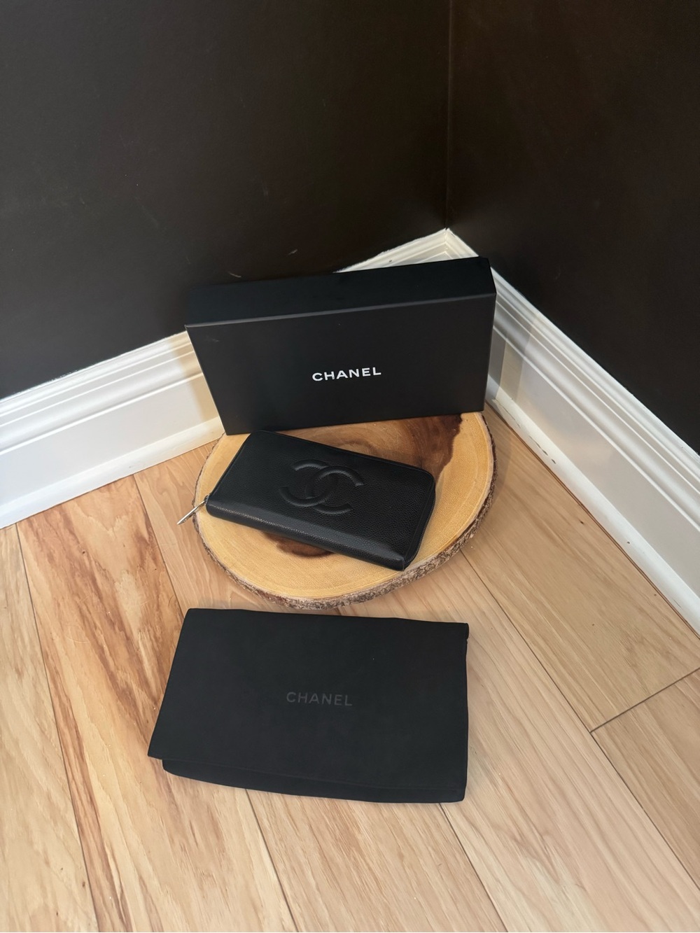 CHANEL Black Caviar Leather Zip-Around Wallet with Logo with Dustbag, box & COA